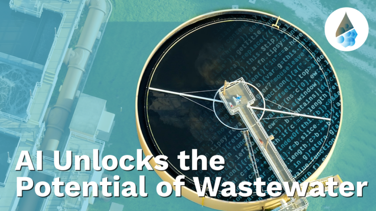 Aerial photo of a wastewater treatment plant with DARROW logo and text reading "AI unlocks the potential of wastewater"
